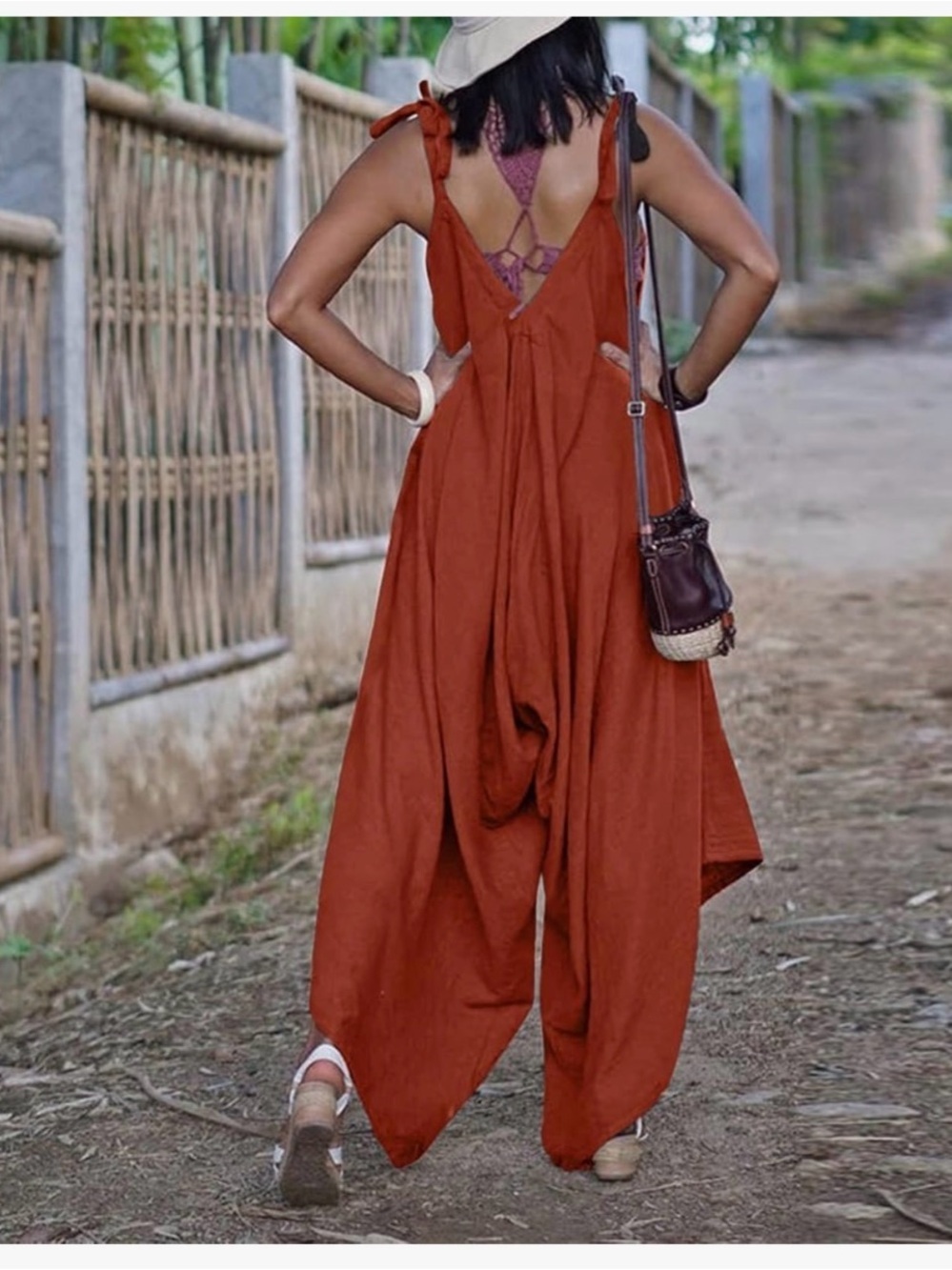 NWOT Flowy Rust Orange-Brown V-Neck Handkerchief Hem Jumpsuit One Size - Picture 2 of 8